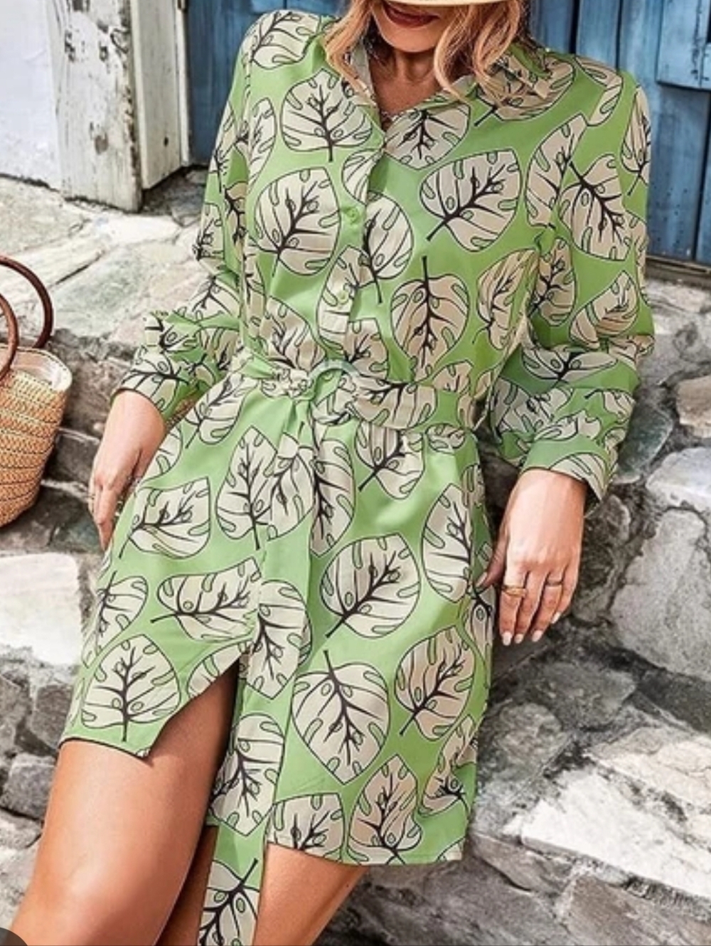 ZARA Green Leaf-Print Mini Shirt Dress